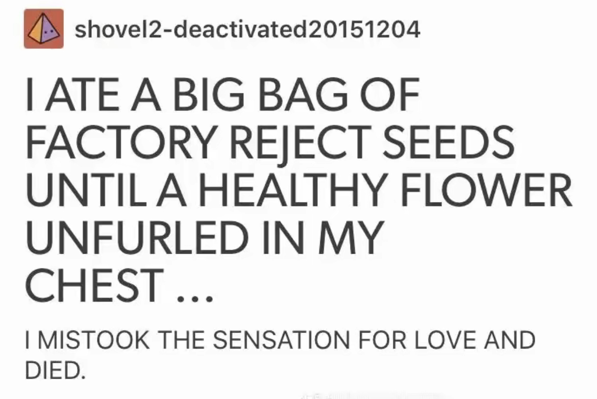 i ate a bag of factory reject seeds until a healthy flower unfurled from my chest... i mistook the sensation for love and died.